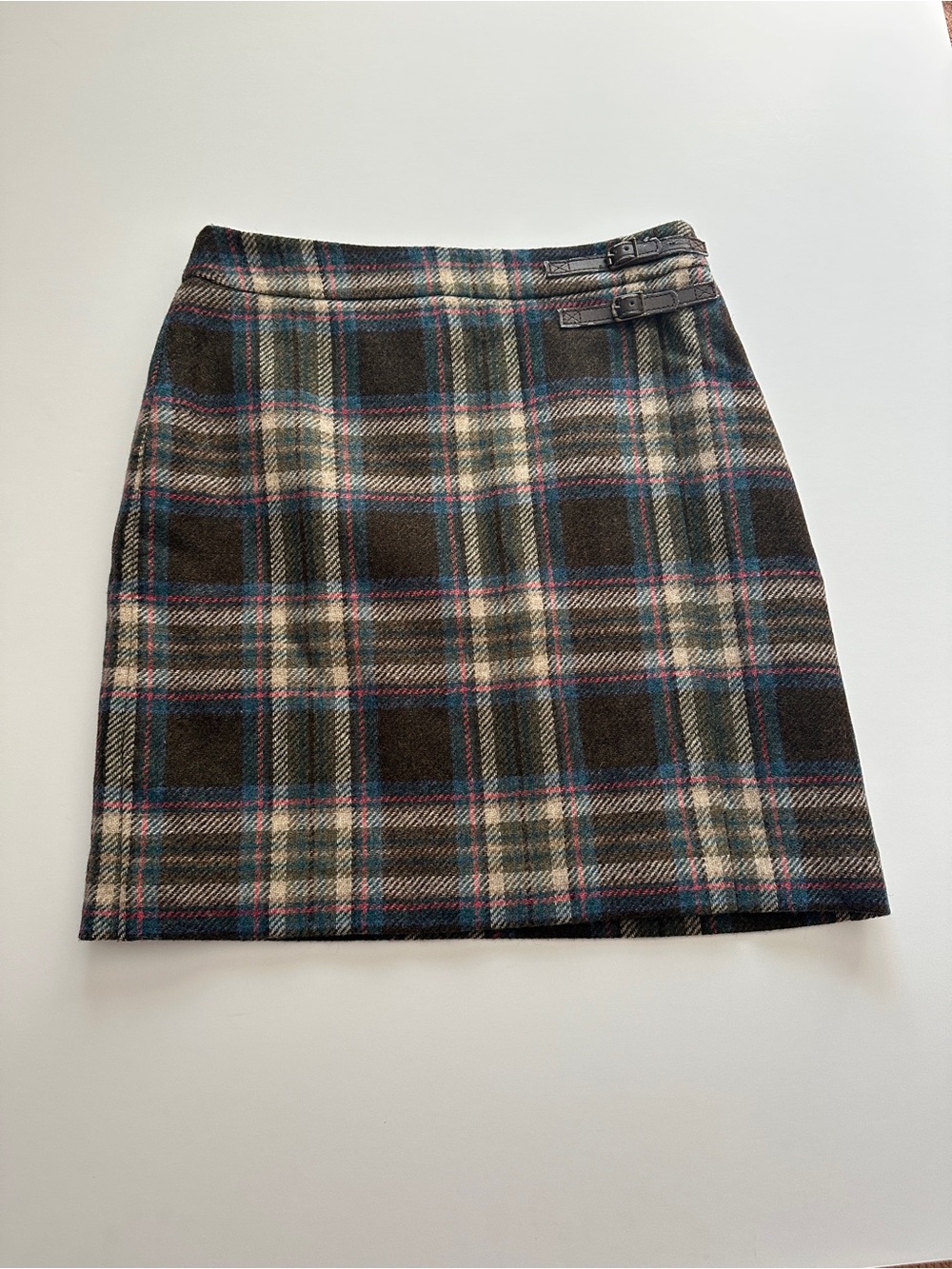 Boden Brown and Blue Plaid Wool Mini Skirt with Buckle Detail
